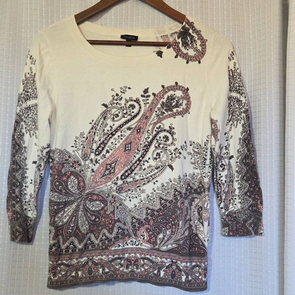 Talbots Women's Sz M Pullover Sweater Thin Lightweight Pink Paisley 3/4 Sleeve